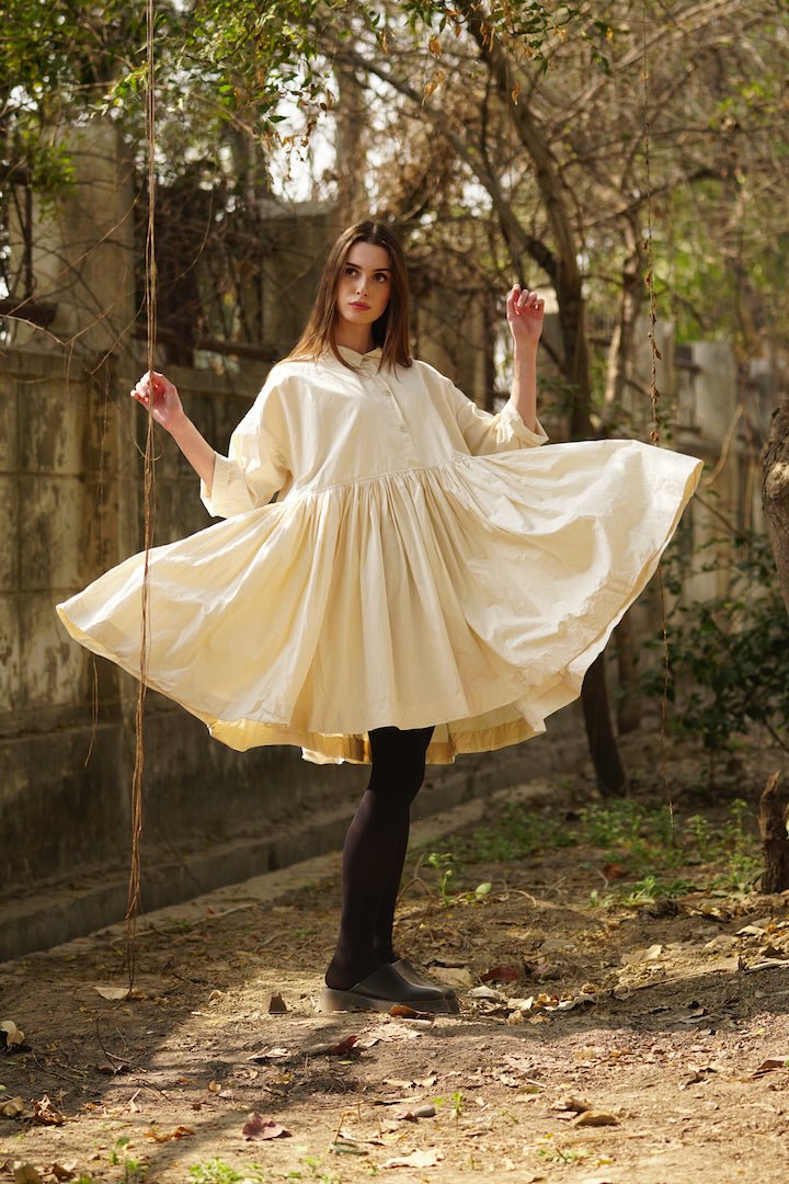 Edith Long Dress Women's Cotton Twill Dress in Cream, Black Polka