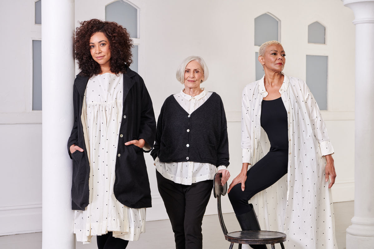 MegbyDesign models wearing black and white spotted MegbyDesign clothing